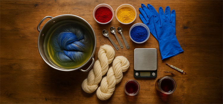 Fiber dyeing tools on a rustic wood table