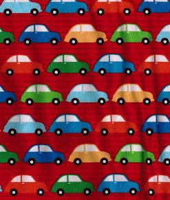 Tissu aux motifs de petites voitures colorées sur fond rouge - Artigina